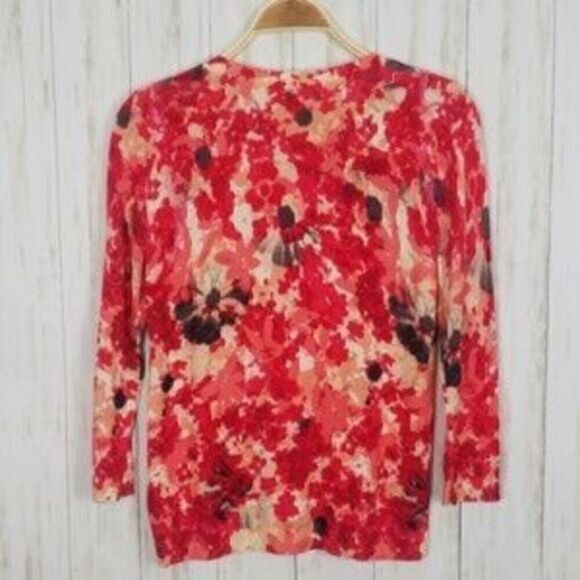 Talbots Red Floral Printed Scoop Neck Cardigan - Picture 3 of 4
